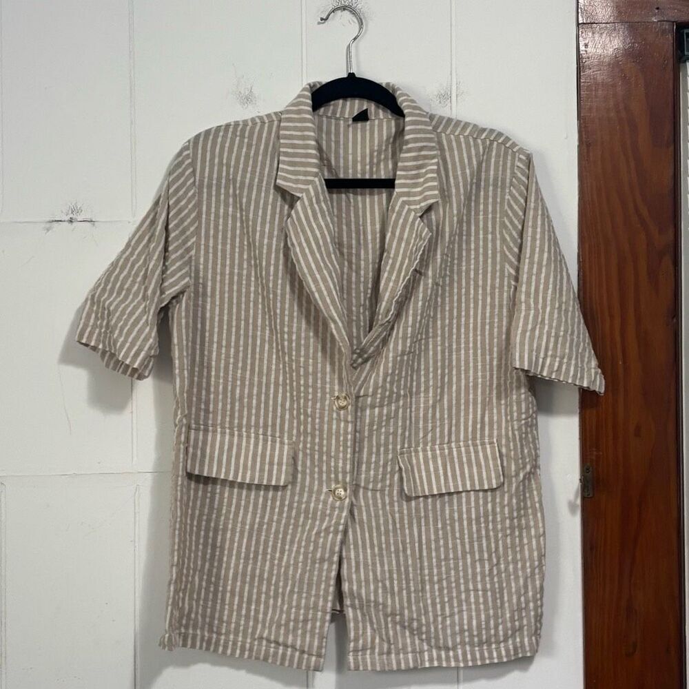 DAZY Tan White Striped Short Sleeve Cotton Blazer Jacket Womens Size Medium